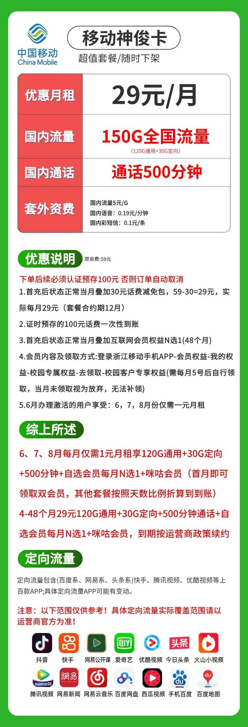 移动神俊卡【前3月1元150G＋4年会员】 详情图 1