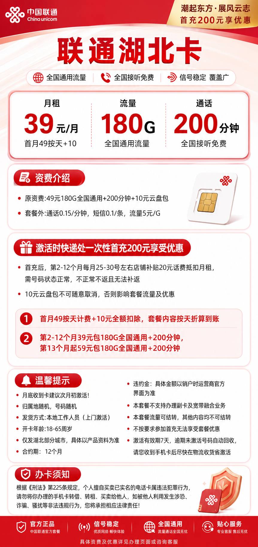 湖北联通【39元180G+200分钟】 详情图 1