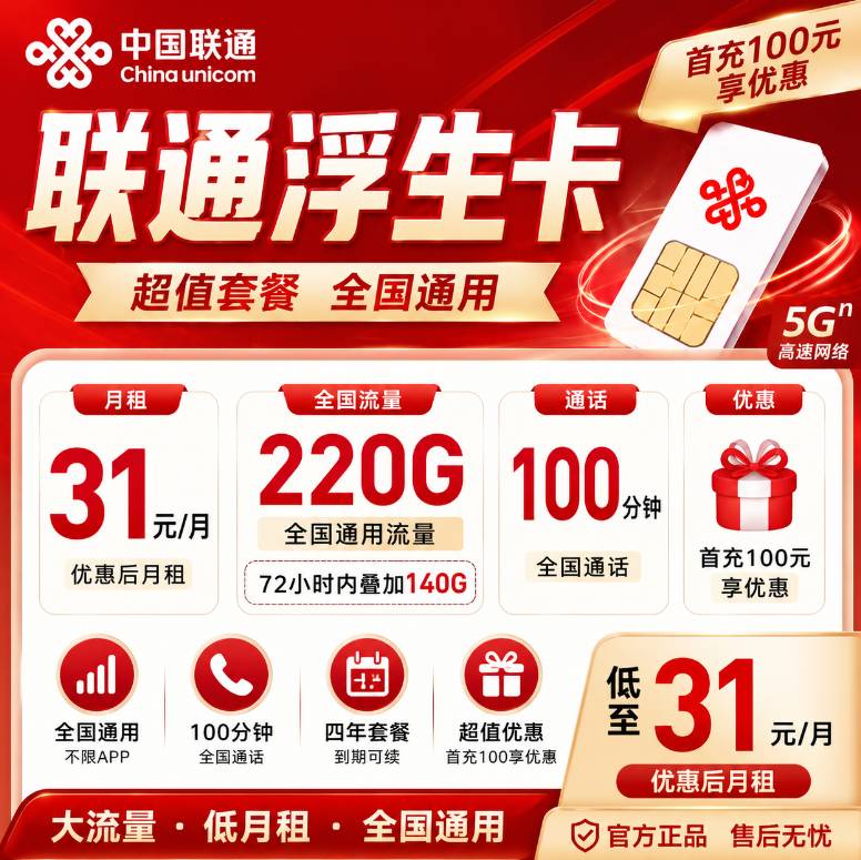 联通浮生卡【31元220G到期可续】
