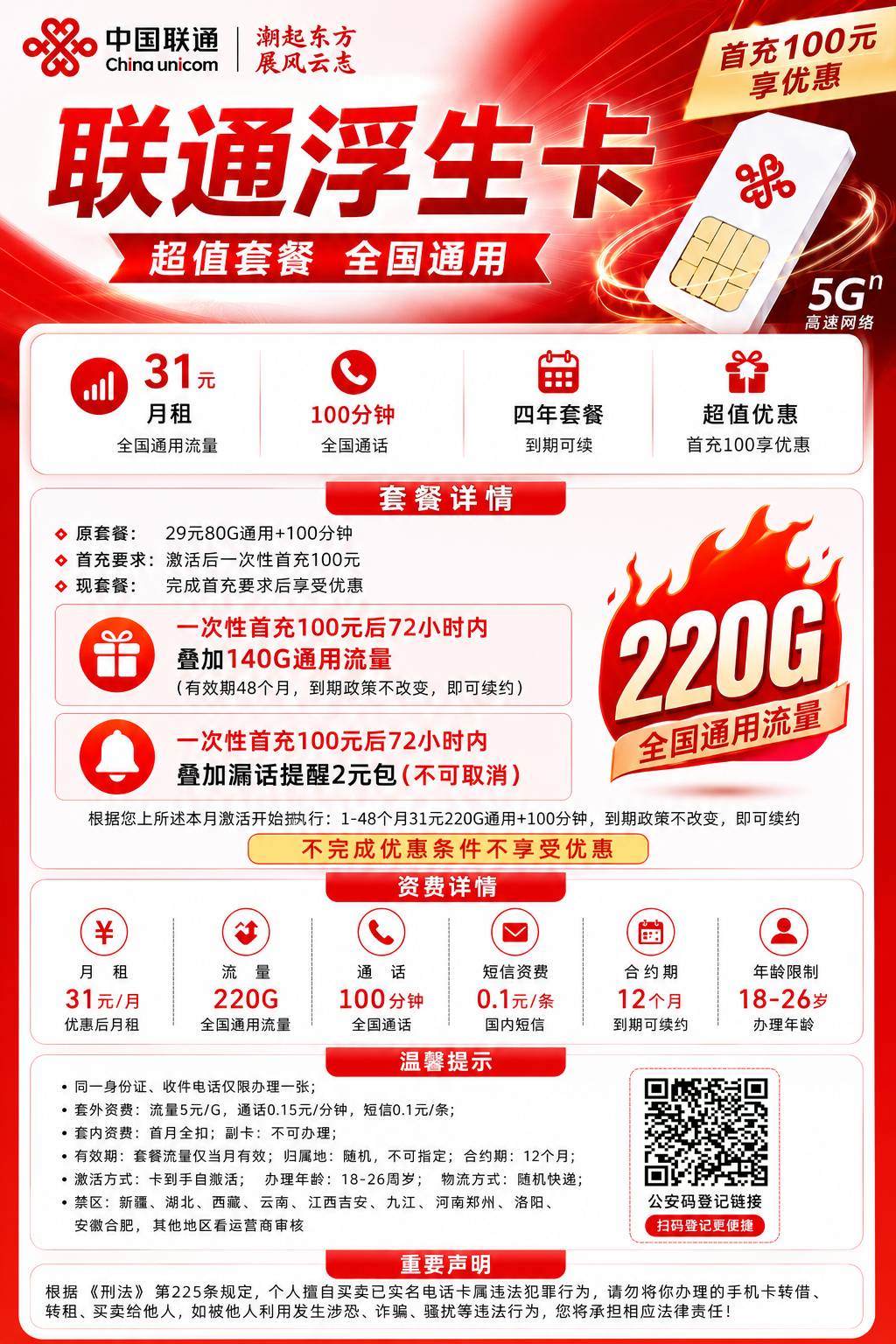 G联通浮生卡【31元220G到期可续】 详情图 1