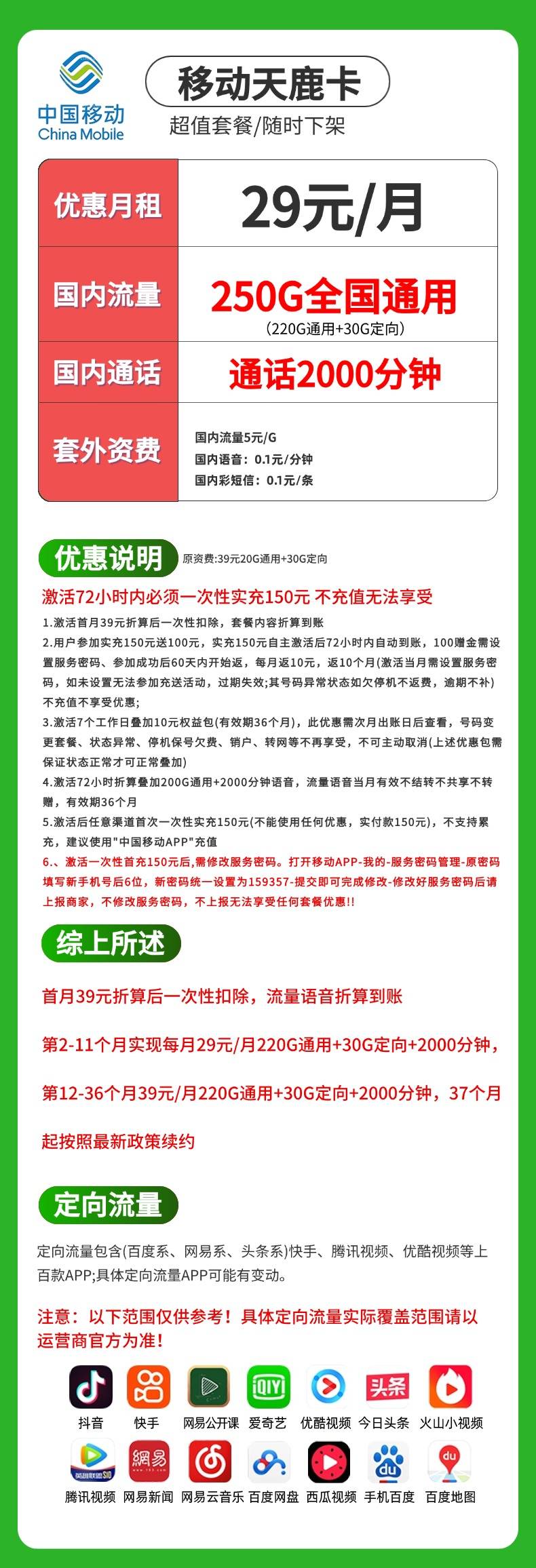 移动天鹿卡【29元250G+2000分钟】 详情图 2