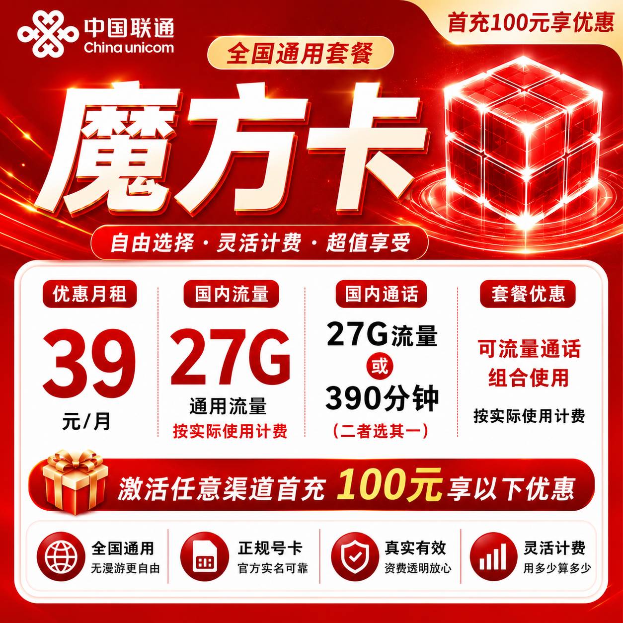 联通魔方套餐【39低销27G或390分钟】