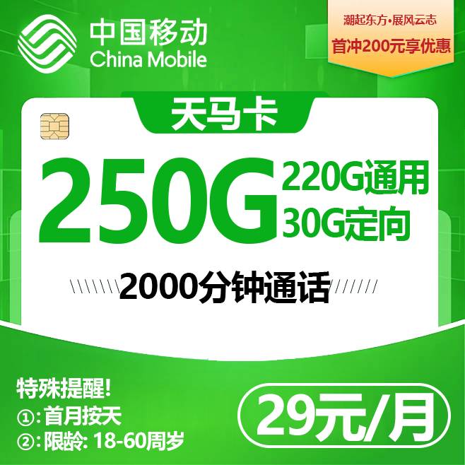 移动天马卡【29元250G+2000分钟】