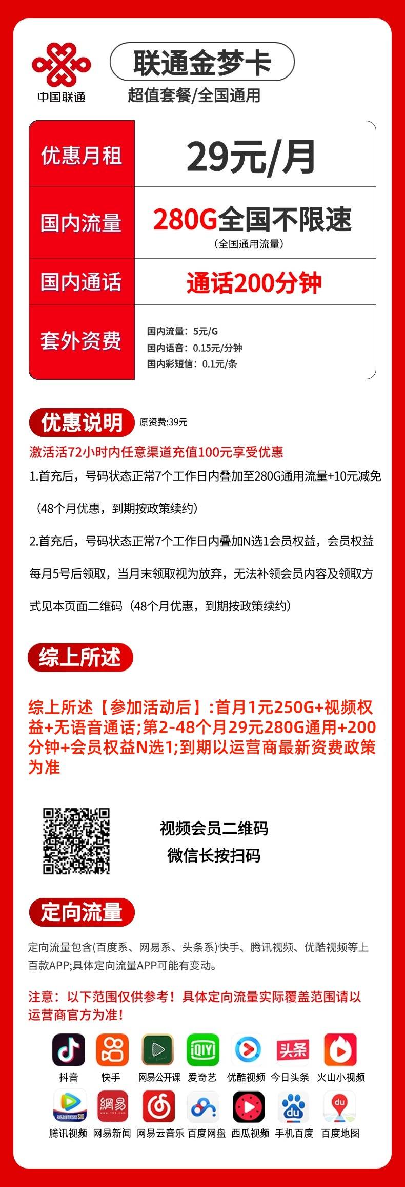 联通金梦卡【29元280+200分钟+视频会员】 详情图 1