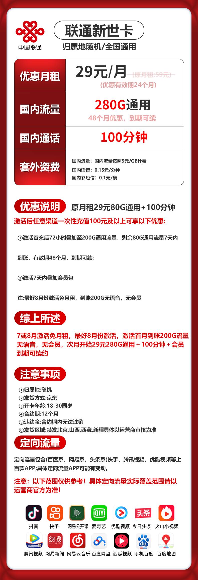 联通新世卡【29元280G＋会员】 详情图 1