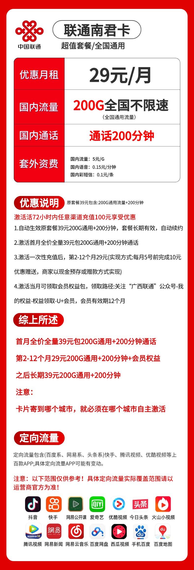 联通南君卡【29元200G通用+200分钟】 详情图 1