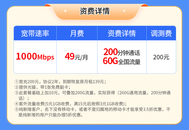 南宁移动容融合【49元60G通用＋200分钟＋1000M融合宽带】 详情图 1