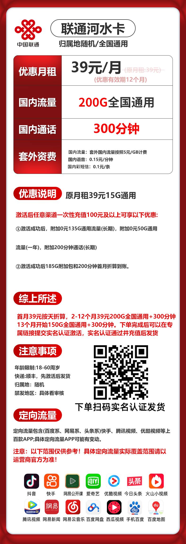 联通河水卡【39元200G+300分钟】 详情图 1
