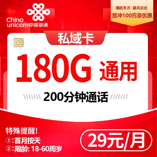 联通私域卡【29元180G+200分钟】
