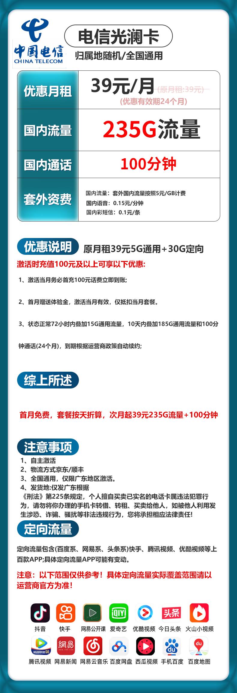 电信光澜卡【39元235G+100分钟】 详情图 1