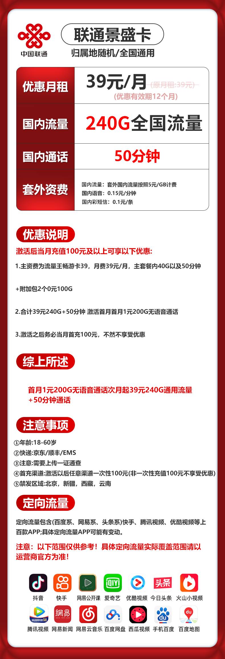 联通景盛卡【39元240G通用+50分钟】 套餐资料图 1