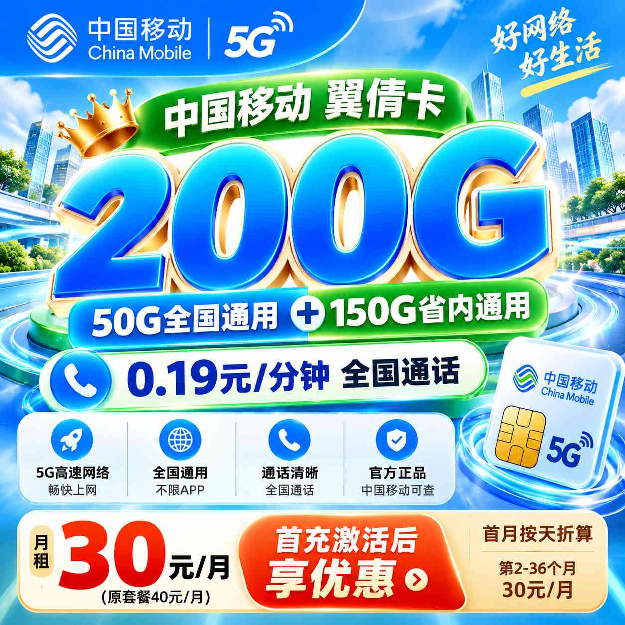 山东移动专属卡【30元200G】