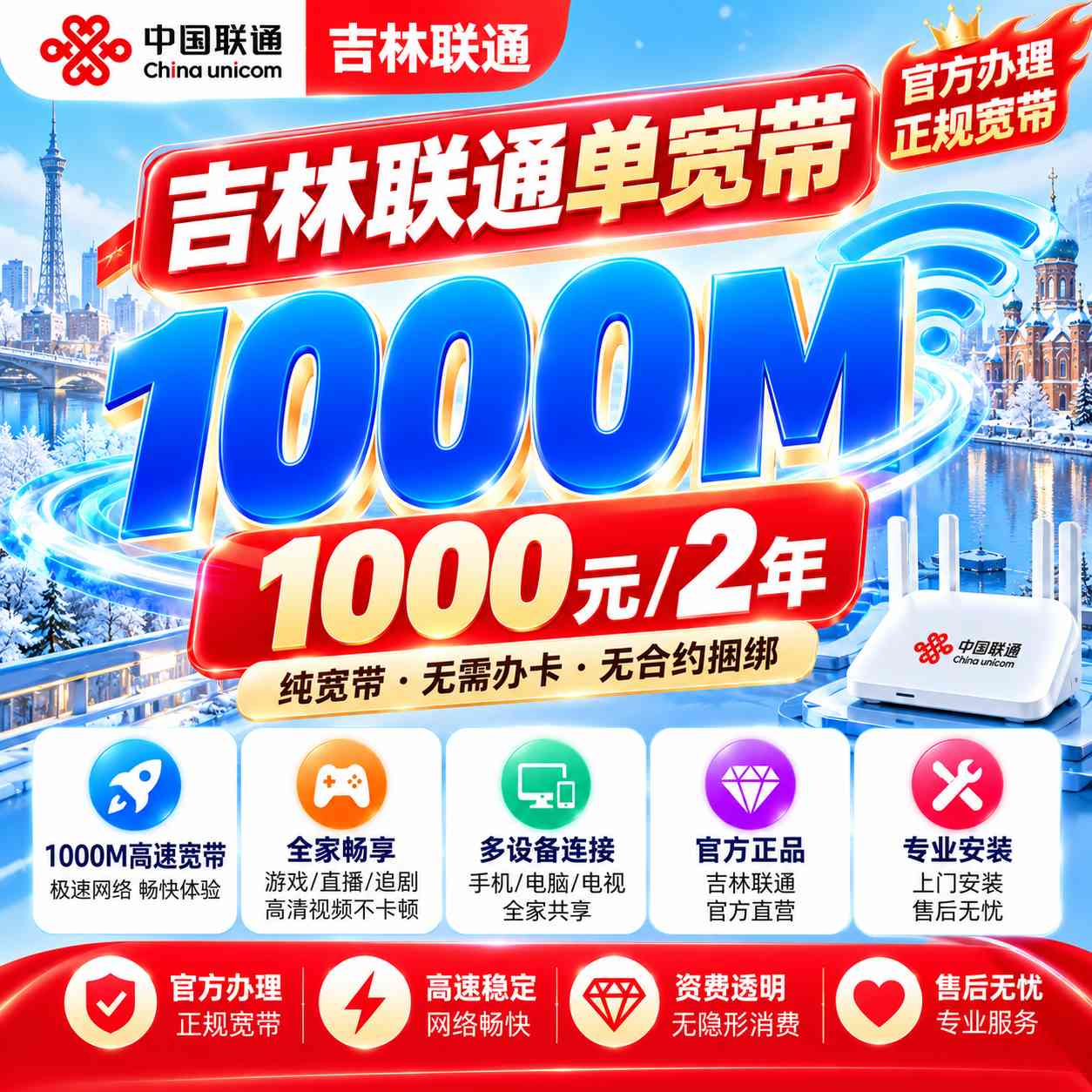 吉林联通单宽【1000元1000M2年】