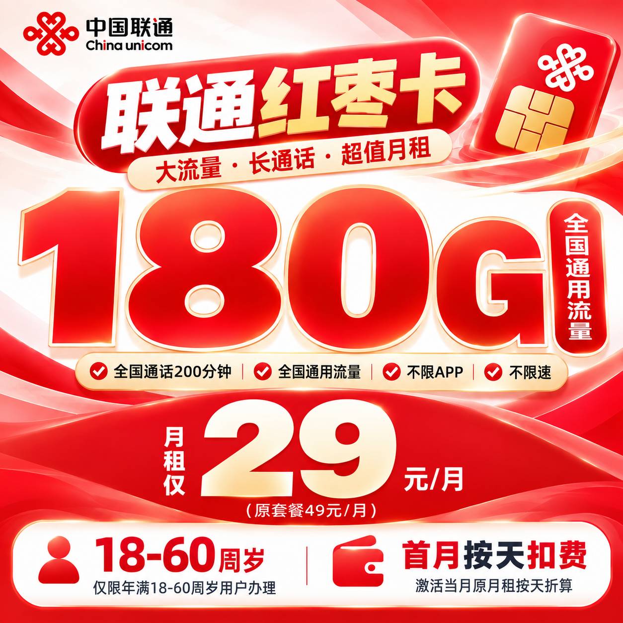 联通红枣卡【29元180G通用+200分钟】