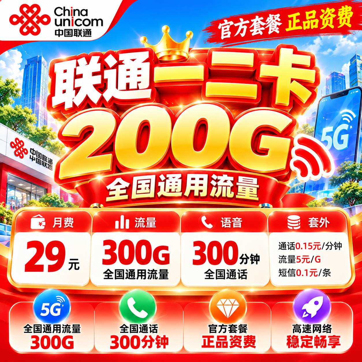联通一二卡【39元300G＋300分钟】
