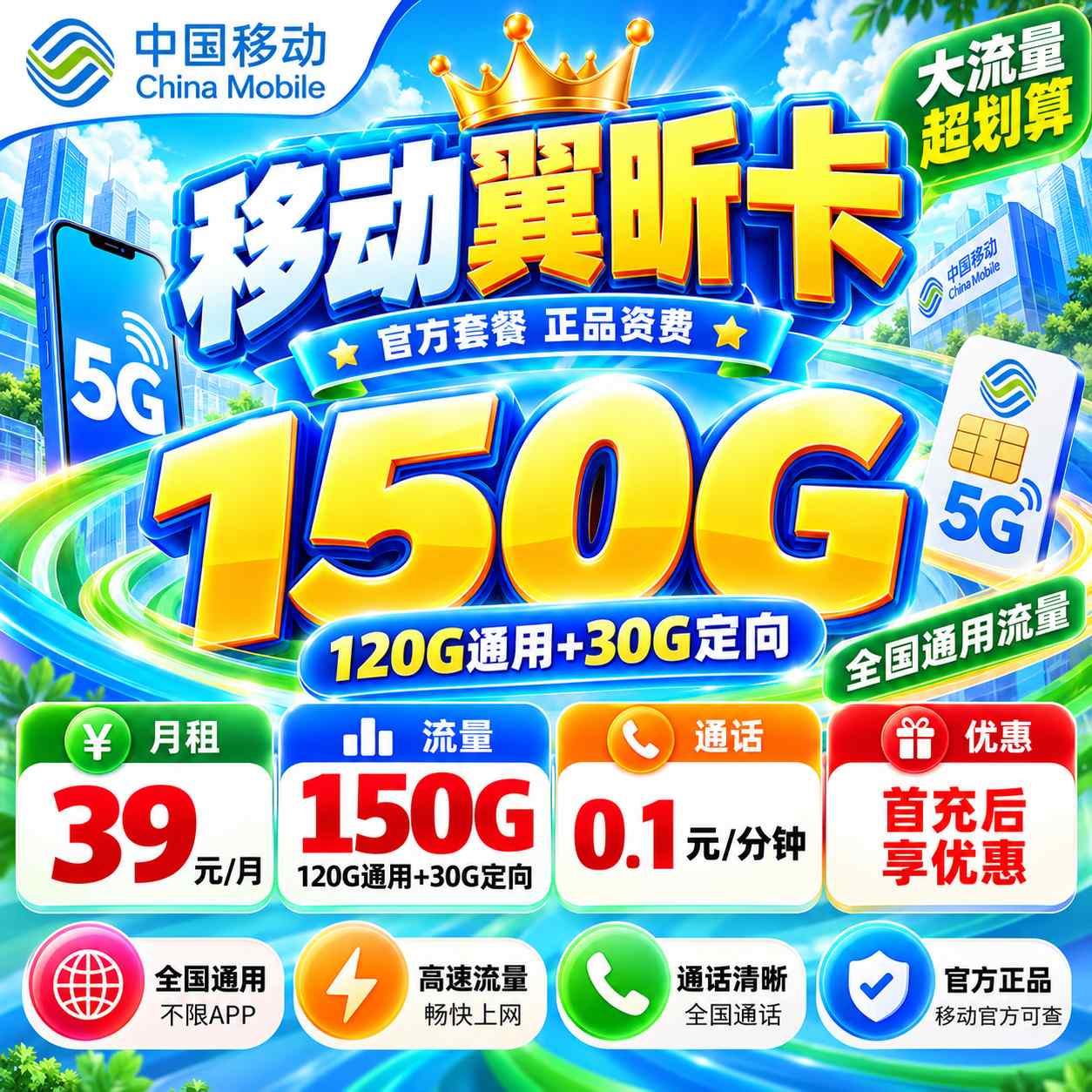 移动翼昕卡【39元150G】