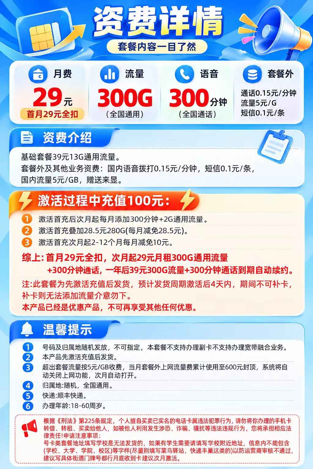 新联通一二卡【29元300G+300分钟】 套餐资料图 1
