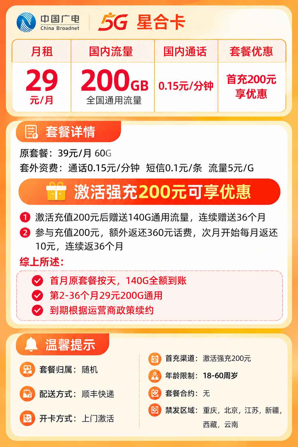 广电星合卡【29元200G＋200分钟】 详情图 1