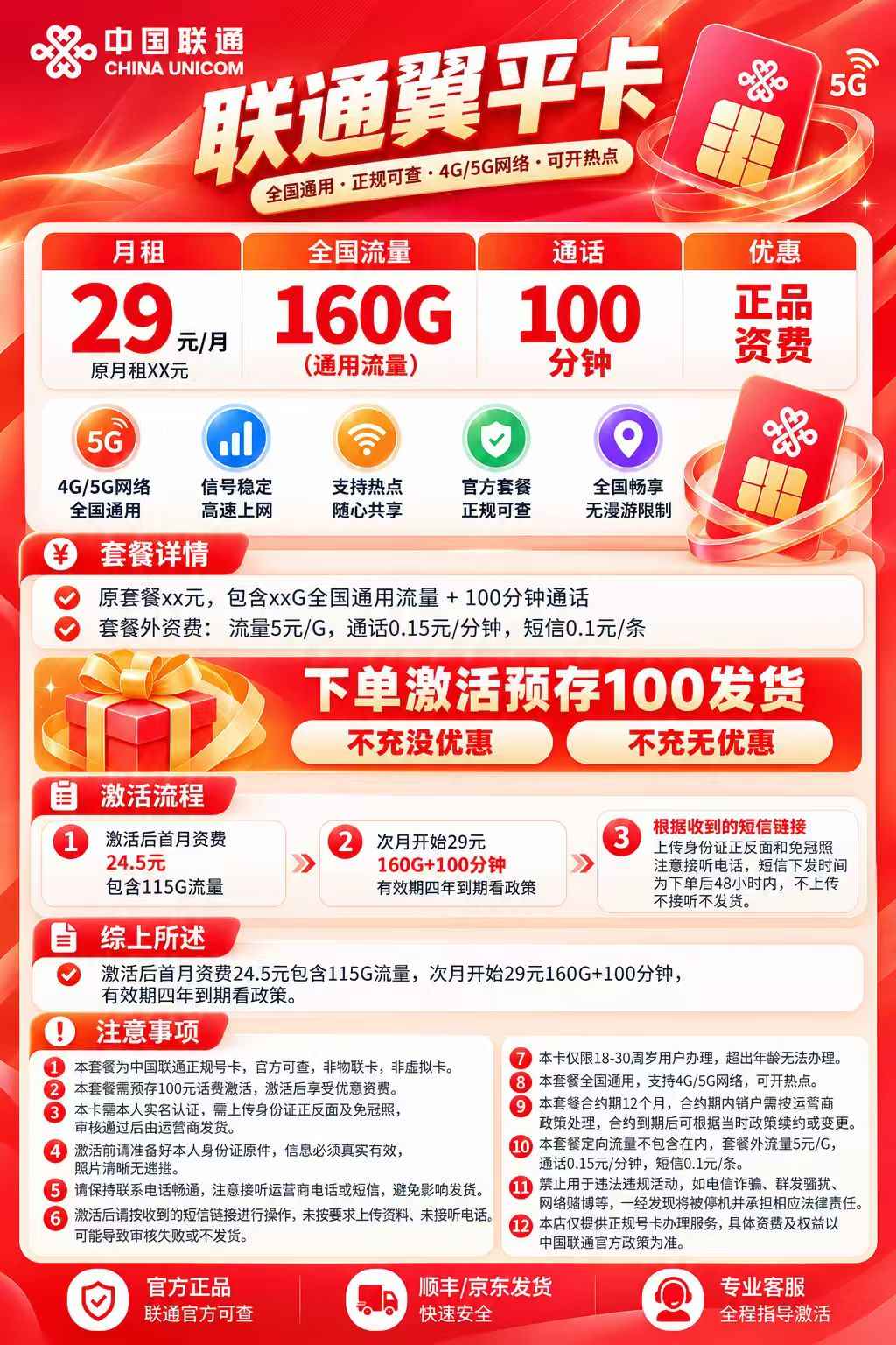联通翼平卡【29元155G+100分钟（18-30）】 详情图 1