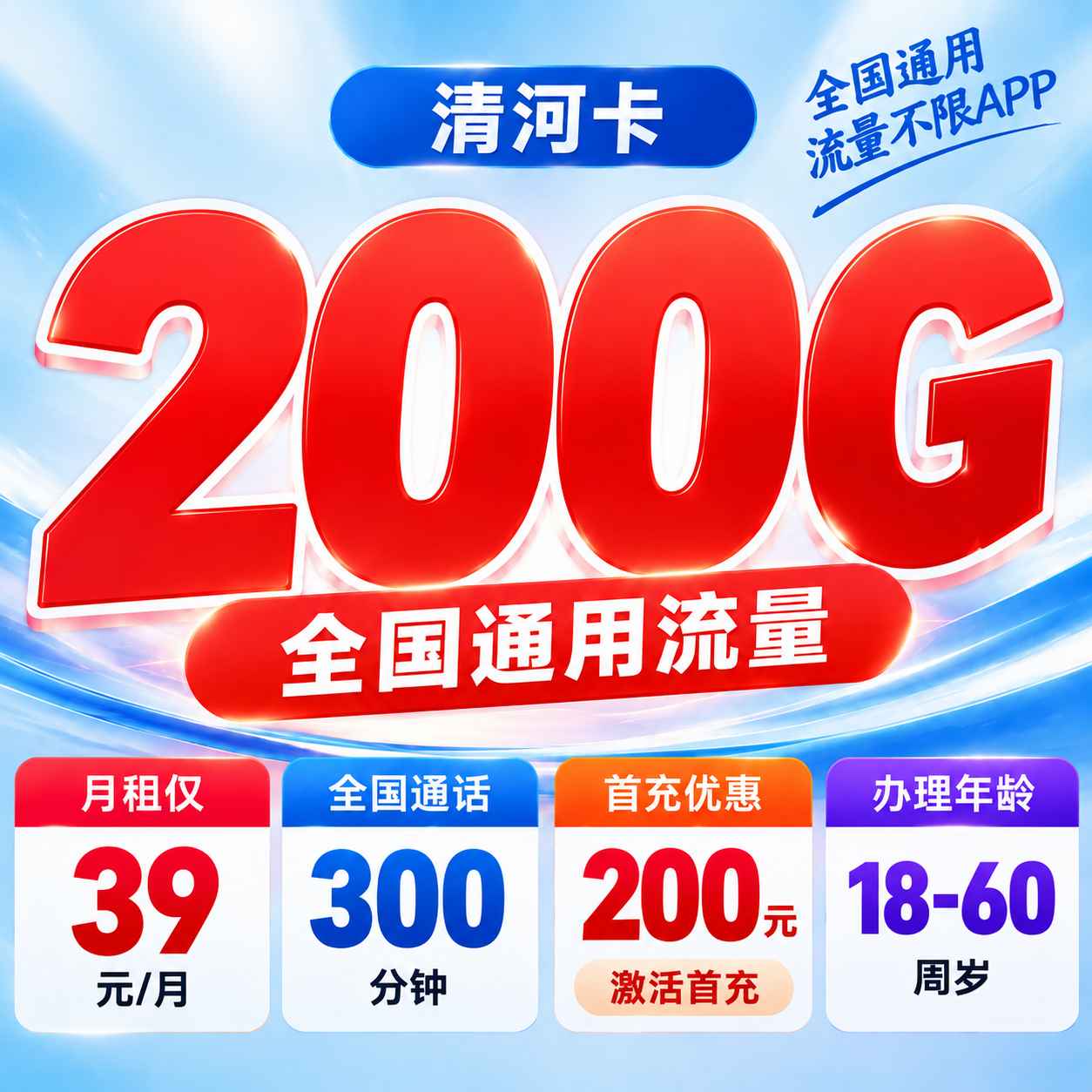 联通清河卡【39元200G+300分钟】