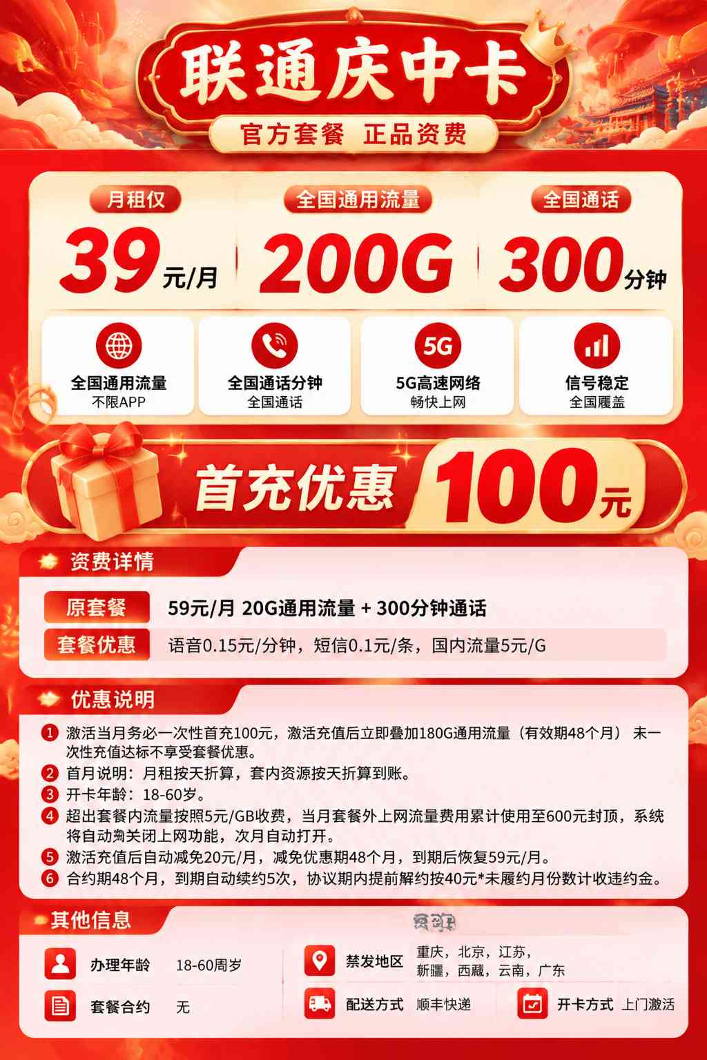 G重庆联通【39元200G+300分钟】 详情图 1
